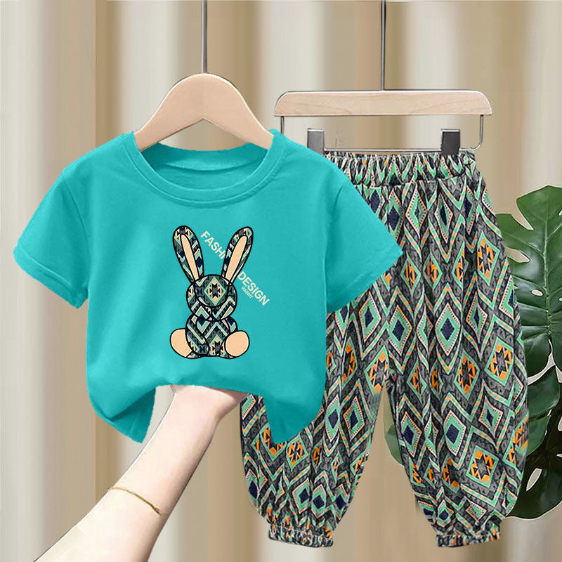 Ensemble mixte Children's Summer Thin T-shirt Blouse And Pants12.50 Green-Lake-Blue-90cm