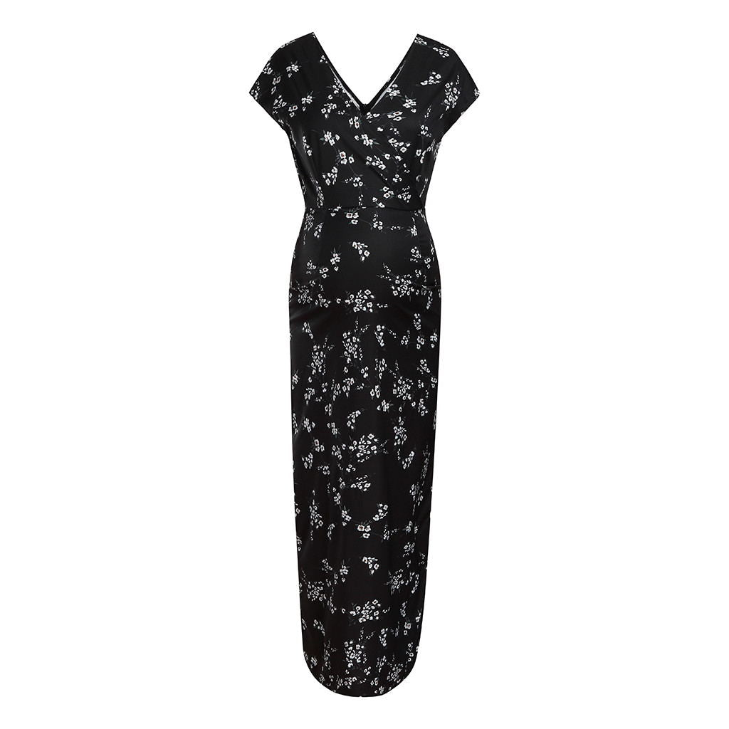 0 Printed Slim Thin Floral Chiffon Dress24.00 Black-XXL