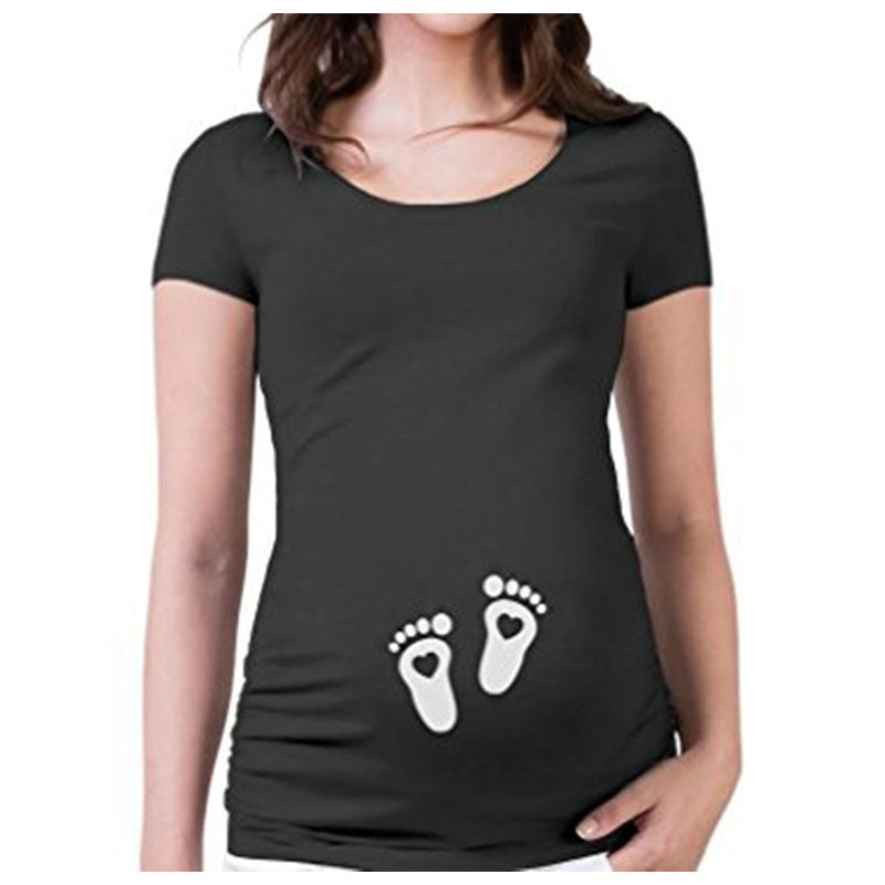 Vétement Femmes T-Shirts mince maternité drôle lettre hauts col rond grossesse femmes16.50 Black-footprints-XL