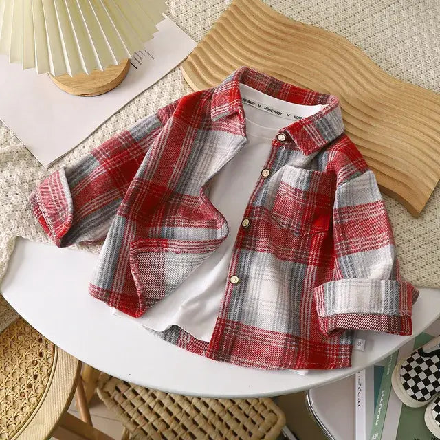 Vétement Chemise à carreaux vintage pour enfants, chemise en coton, revers à manches longues, cardigan à simple boutonnage, t-shirt basique, vêtements pour garçons et filles, printemps et automne, 2 à 9 ans23.00 Rouge-120cm-5-6Y