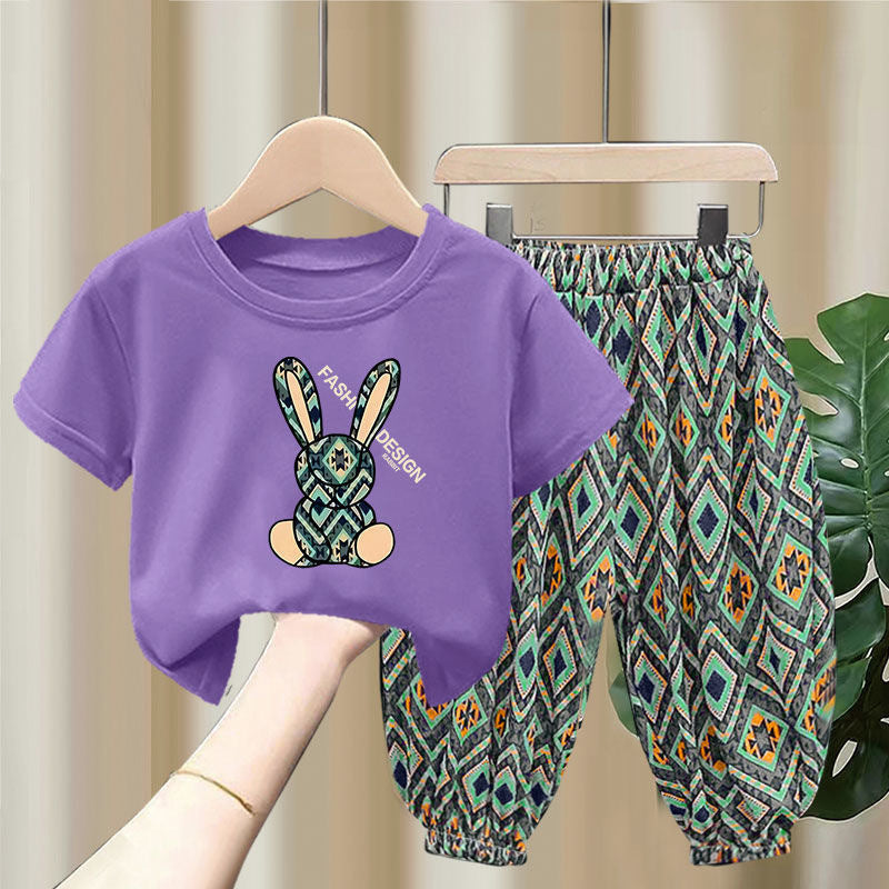 Ensemble mixte Children's Summer Thin T-shirt Blouse And Pants12.50 Green-Purple-90cm