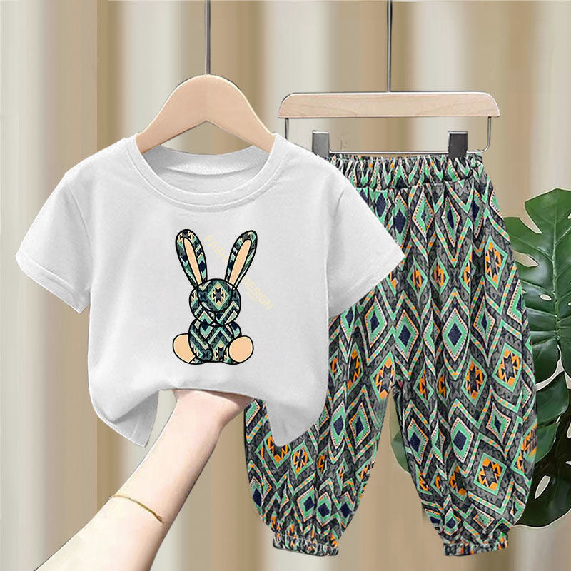 Ensemble mixte Children's Summer Thin T-shirt Blouse And Pants12.50 Green-And-White-90cm