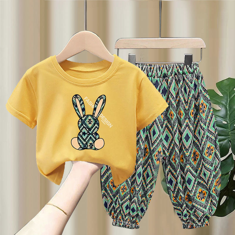 Ensemble mixte Children's Summer Thin T-shirt Blouse And Pants12.50 Green-Yellow-90cm