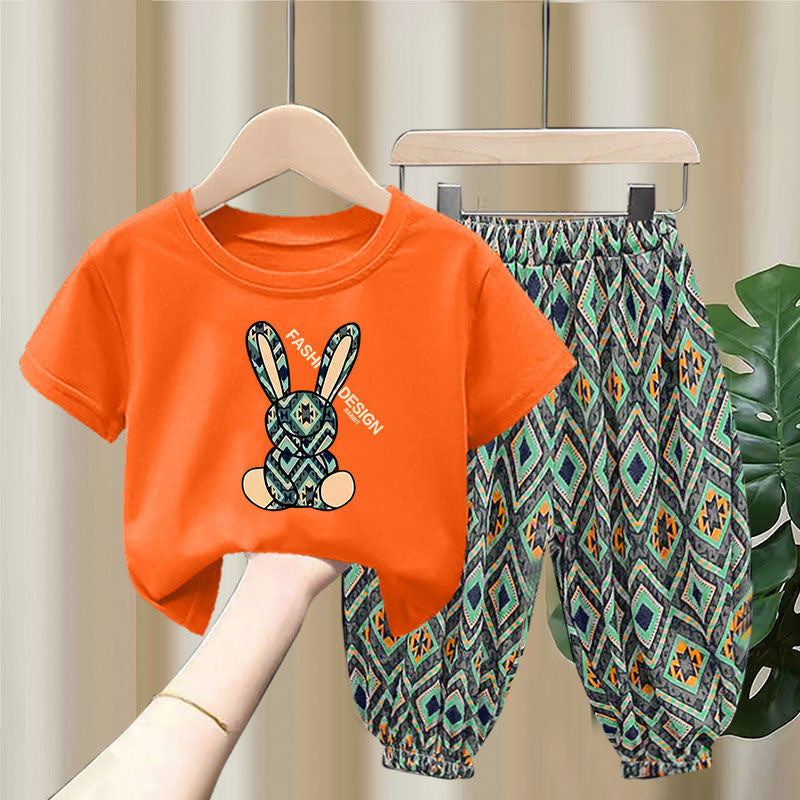 Ensemble mixte Children's Summer Thin T-shirt Blouse And Pants12.50 Green-Orange-90cm