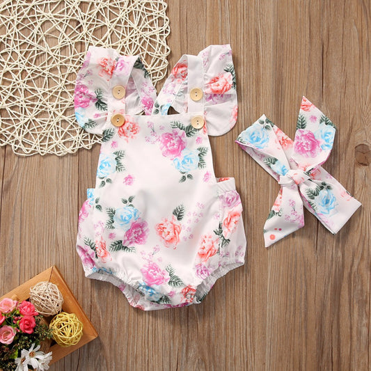 0 Floral Ruffled Set Infant Casual Trend Cute Little Floral Triangle Dress Two Piece Suit Girl Explosion Climbing Suit8.14 white-100cm