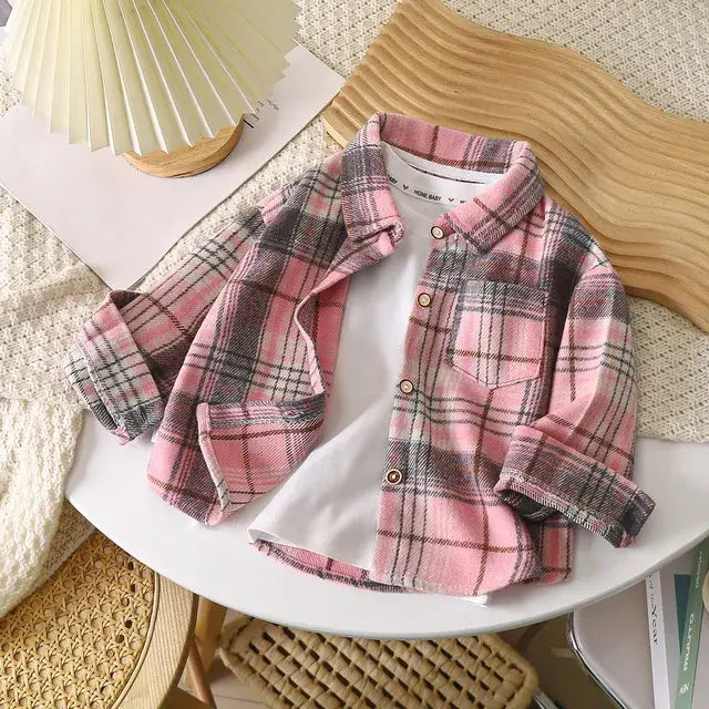 Vétement Chemise à carreaux vintage pour enfants, chemise en coton, revers à manches longues, cardigan à simple boutonnage, t-shirt basique, vêtements pour garçons et filles, printemps et automne, 2 à 9 ans23.00 Rose-100cm-3-4Y