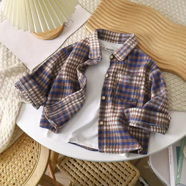 Vétement Chemise à carreaux vintage pour enfants, chemise en coton, revers à manches longues, cardigan à simple boutonnage, t-shirt basique, vêtements pour garçons et filles, printemps et automne, 2 à 9 ans23.00 Bleu-100cm-3-4Y