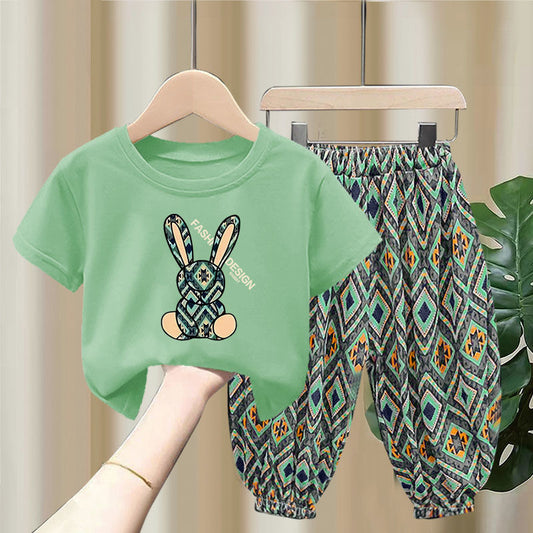 Ensemble mixte Children's Summer Thin T-shirt Blouse And Pants12.50 Green-Rabbit-Green-90cm