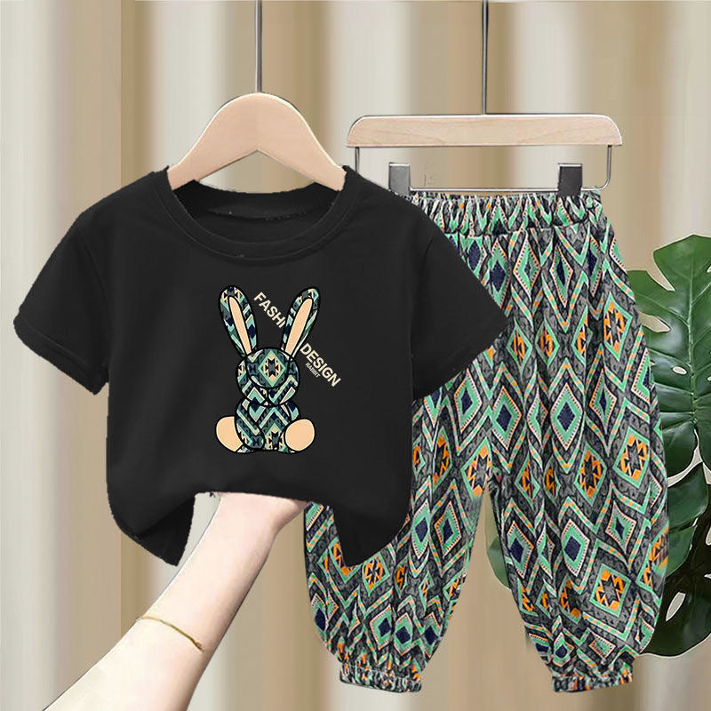 Ensemble mixte Children's Summer Thin T-shirt Blouse And Pants12.50 Green-And-Black-90cm