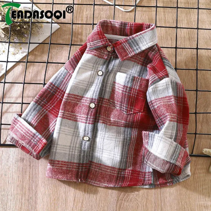 Vétement Chemise à carreaux vintage pour enfants, chemise en coton, revers à manches longues, cardigan à simple boutonnage, t-shirt basique, vêtements pour garçons et filles, printemps et automne, 2 à 9 ans