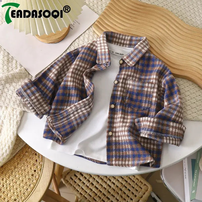 Vétement Chemise à carreaux vintage pour enfants, chemise en coton, revers à manches longues, cardigan à simple boutonnage, t-shirt basique, vêtements pour garçons et filles, printemps et automne, 2 à 9 ans