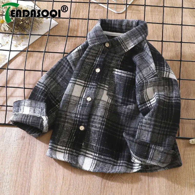 Vétement Chemise à carreaux vintage pour enfants, chemise en coton, revers à manches longues, cardigan à simple boutonnage, t-shirt basique, vêtements pour garçons et filles, printemps et automne, 2 à 9 ans